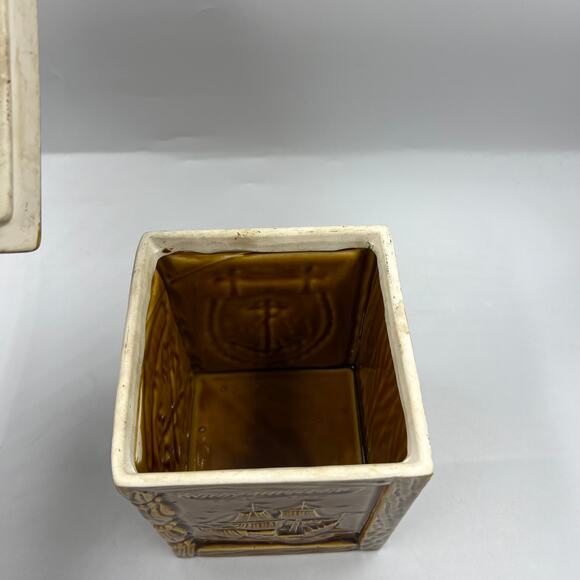 Vintage Village Inn Ceramic Faux Wood Cookie Jar 1762 Ship Building Nautical - Picture 9 of 13